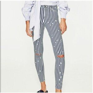 Zara Striped Distressed High Rise Jeans Raw Hem 6